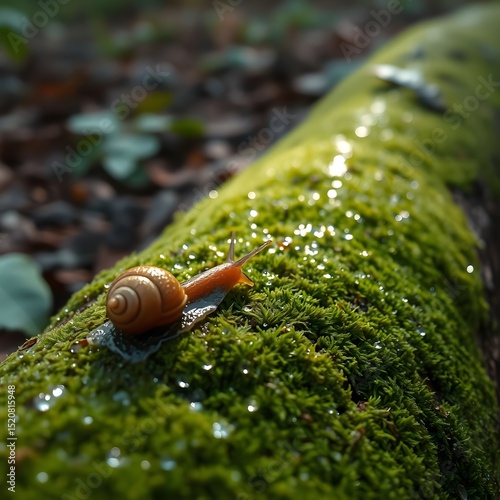Close-up of a snail crawling on a mossy log in a forest environment