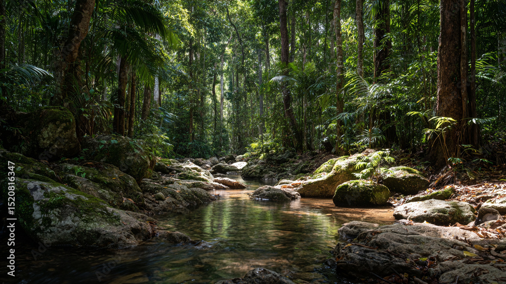 Fototapeta premium Serene tropical rainforest scene features small, clear stream flowing over rocks, surrounded by lush green foliage and tall trees. Sunlight filters through canopy, creating peaceful atmosphere
