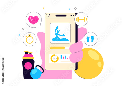 Virtual Fitness App Illustration Featuring People Enjoying Online Classes Using a Mobile Application to Promote Wellness and Healthy Lifestyle Trends