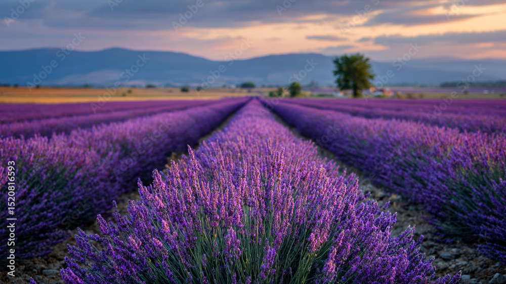 Obraz premium Stunning lavender field at sunset with vibrant purple hues and serene atmosphere, set against backdrop of rolling hills and colorful sky