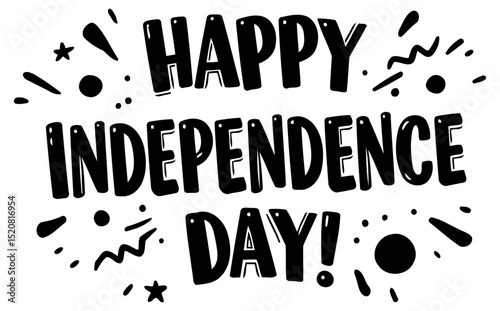 Happy Independence Day graphic design with no specific demographic. Bold lettering design with decorative elements on a white background.