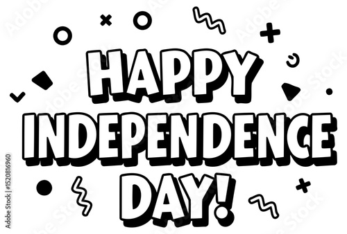 Happy Independence Day graphic design with no specific demographic in a bold. stylized font against a white background. Graphic design elements celebrating national holiday with no people.