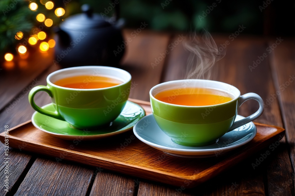 Obraz premium Hot Teas: Two steamy teacups filled with warm golden tea offer cozy companionship, set against a backdrop of wooden elegance.