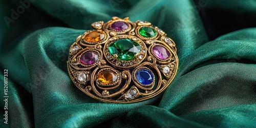 Ornate circular brooch with green central gemstone and multicolored stones set in gold filigree, placed on dark green silk fabric. Generative by AI.