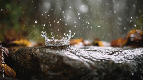 Splashes of water from a falling drop in nature. Water as the meaning of life on earth, connecting all forms of life in harmony.

