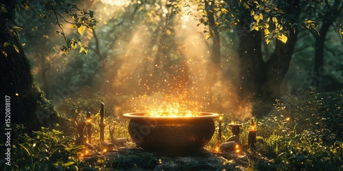 Stone firepit with small flame in forest clearing, incense and ritual objects placed around on stone circle. Generative by AI.
