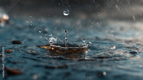 Splashes of water from a falling drop in nature. Water as the meaning of life on earth, flowing endlessly through the ecosystem.