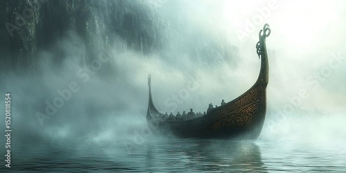 Viking-style ship with carved prow and large tattered sail floating on calm misty water near steep rocky cliffs and dense forest. Generative by AI.