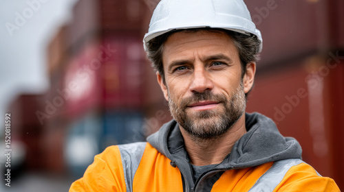 Confident logistics engineer in safety gear at container yard, showcasing professionalism and determination