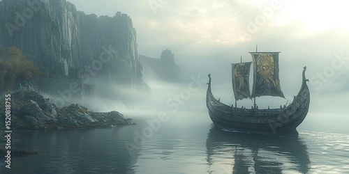 Viking ship with two decorated sails moving near rocky shoreline and fortress walls under thick fog in narrow waterway. Generative by AI.