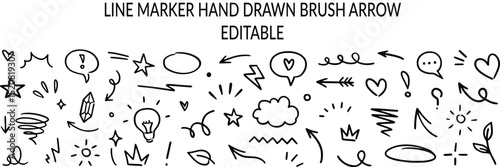 hand drawn, doodle, line marker, sketch, arrow, heart, star, speech bubble, thought bubble, 