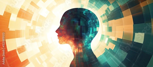 An abstract digital background vector with the silhouette of an AI head and colorful squares on it, a portal to another dimension in which light shines through.