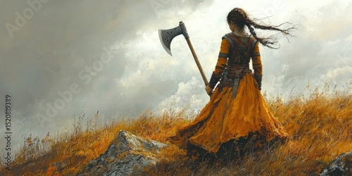 Woman in dark warrior attire holding axe, standing on grassy cliff edge facing distant peak and cloud-filled sky. Generative by AI.