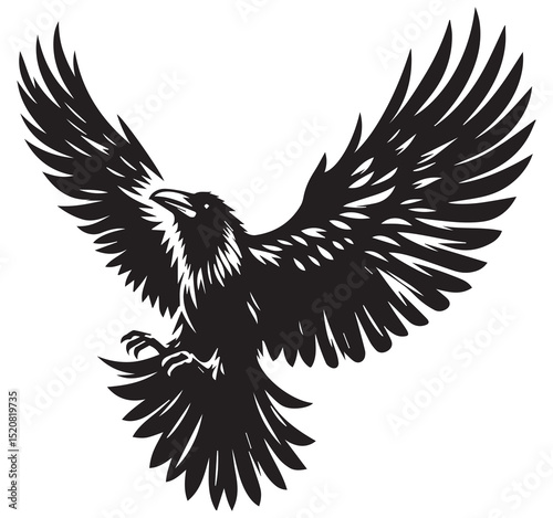 Black Raven Bird Flying with Wings Spread Detailed Vector Illustration
