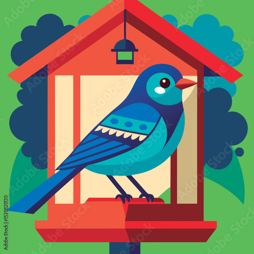 Colorful bird at a birdhouse.