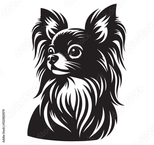 Cute black and white long haired chihuahua dog pet head portrait vector illustration isolated on white background