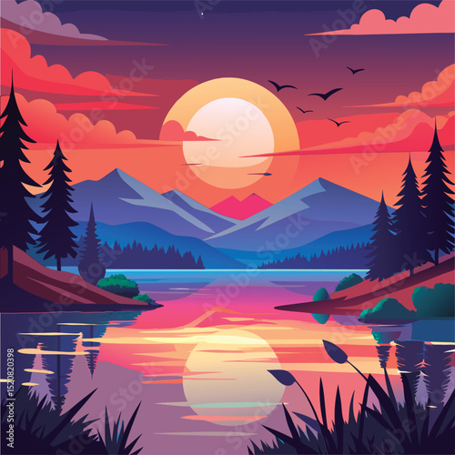 Sunset over the lake mountains.