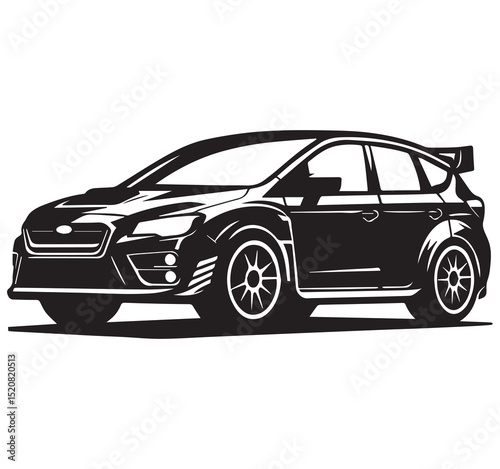 Black and White Vector Illustration of a Sporty Hatchback Car Side View Isolated on White Background Vehicle Automobile Transport
