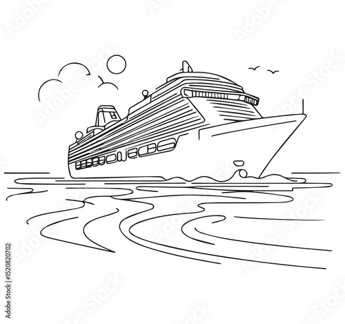 Large cruise ship sailing on the sea. Summer travel vacation holiday trip. Ocean water waves. Line art outline sketch.