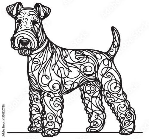 Decorative Terrier Dog Outline Line Art Black And White Swirl Pattern Pet Animal Illustration