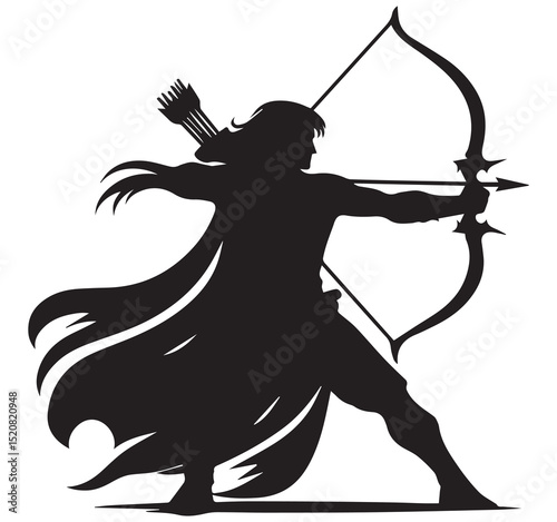 Black silhouette of archer man with bow and arrow aiming vector graphic illustration for strength power determination success concept