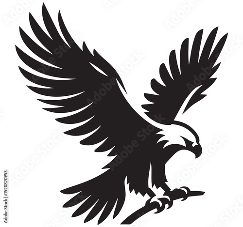 Black and white graphic vector illustration of a powerful eagle with wide wings perched on a branch, logo symbol