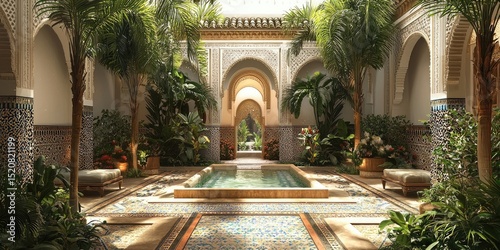 Ornate courtyard with tiled pool surrounded by potted plants, banana trees, and arched architecture, Moroccan-style villa with upper balcony. Generative by AI.