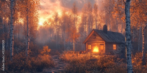 Rustic log cabin with stone chimney set in autumn forest, birch trees surround glowing fire-lit window, golden foliage on ground. Generative by AI.
