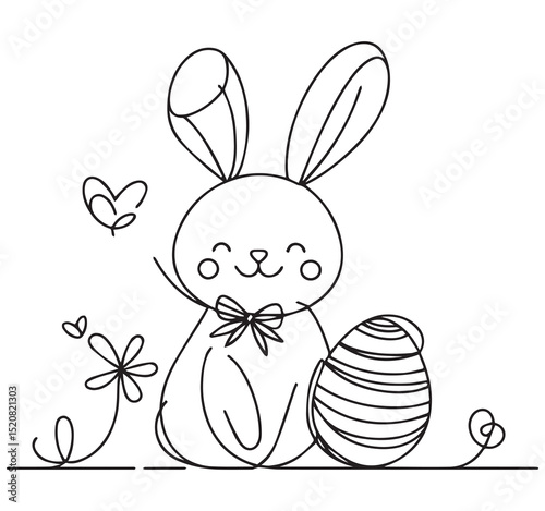 Cute happy easter bunny rabbit with decorated egg simple line art illustration for spring holiday celebration design