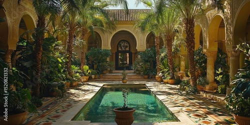 Lush inner courtyard with central reflecting pool surrounded by potted plants, palm trees, and carved columns of arched palace. Generative by AI.