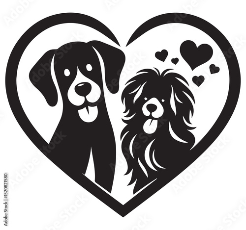 Cute pet dogs in heart shape black and white graphic illustration for animal love and pet care design concept