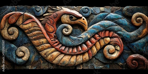 Ornate wooden carving with spiral and wave motifs in high relief on textured brown surface. Generative by AI.