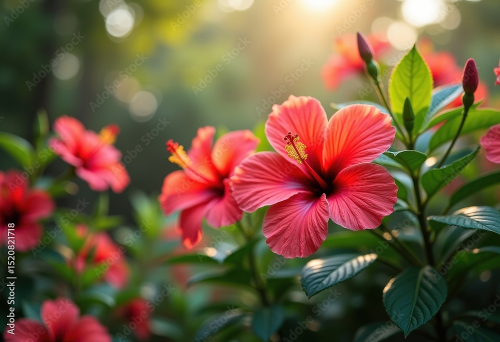 Obraz premium vibrant hibiscus blossoms tropical background colorful foliage lush greenery blooming flowers bright garden scene, plant, fiveleaf, petal, flora, nature, spring