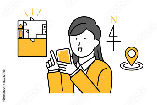 スマホを使って賃貸物件の部屋探しをする女性のイラスト