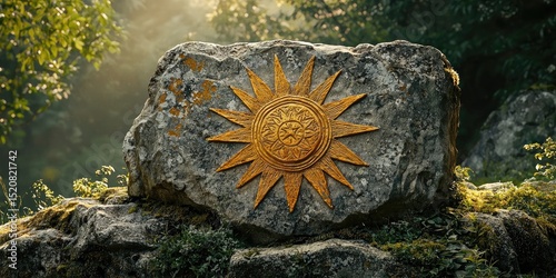 Stone slab embedded with golden sun symbol and surrounding inscriptions resting on rocky terrain. Generative by AI.