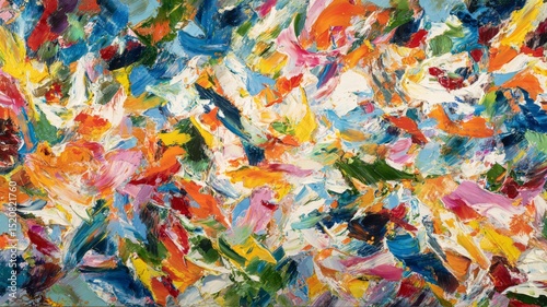 Abstract expressionist painting with chaotic energy, vibrant brushstrokes, and dynamic color splashes creating intense and lively visual experience full of movement and texture