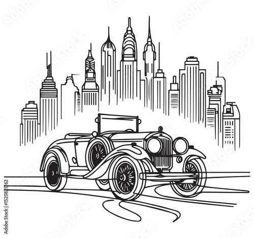 Vintage car driving on road in front of city skyline black and white line art illustration