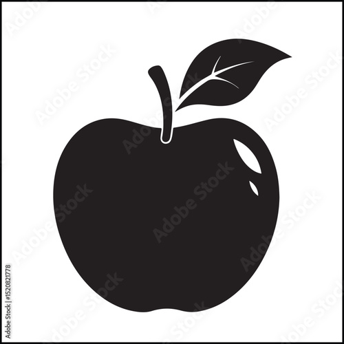 Simple Black Silhouette of Apple Fruit with Leaf and Stem