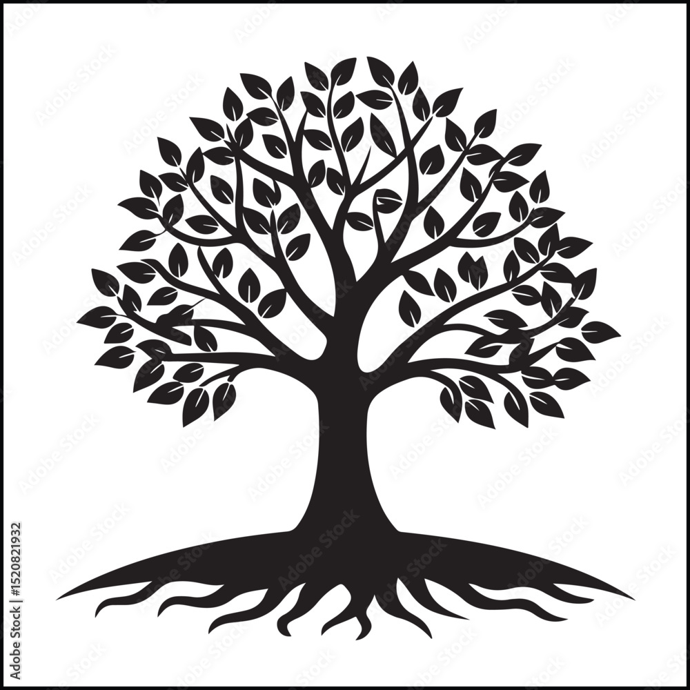 Obraz premium Stylized Tree with Full Canopy, Spreading Roots and Branches