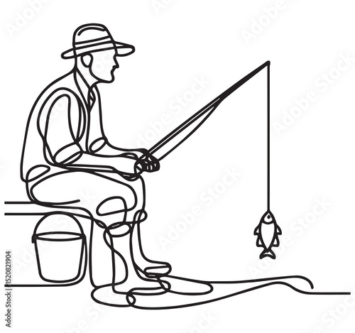 Man fishing outdoors with rod and fish. Simple continuous line art illustration. Fisherman hobby.