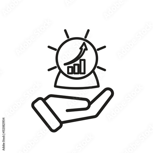 Technology icon. Predictive Analytic. Digital crystal ball with rising graph in hand. Depicts automation, artificial intelligence. Outline design style