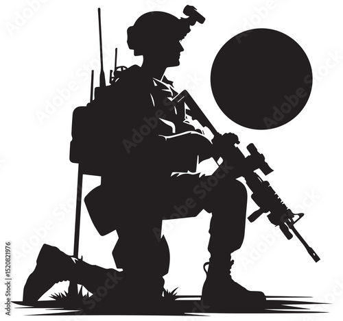 Military soldier silhouette kneeling with rifle war conflict defense security patriotism concept vector illustration