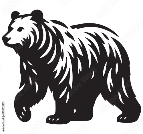 Black and white graphic illustration of a walking bear, wild animal icon symbol logo, nature wilderness strength power concept