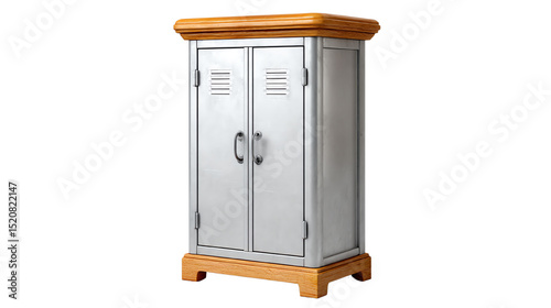 Stylish metal storage cabinet with wooden top, ideal for modern spaces, isolated on white background.