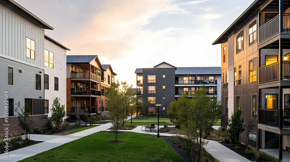 Fototapeta premium Modern Apartment Complex Courtyard At Sunset