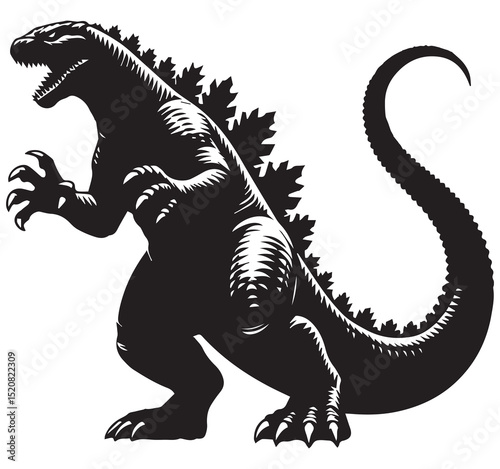 Detailed Black and White Godzilla Kaiju Monster Silhouette Engraving Style Illustration