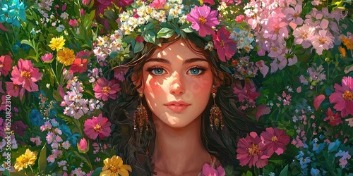 Woman's face framed by dense arrangement of colorful blooming flowers in circular composition. Generative by AI.