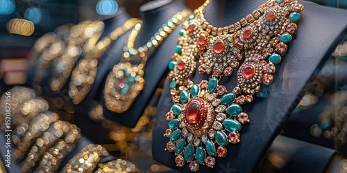 Ornate gold and gem-encrusted necklaces displayed on black bust stands in jewelry store. Generative by AI.