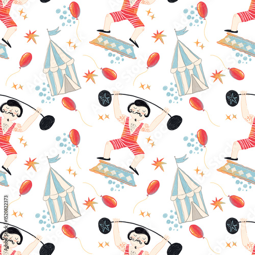 Seamless circus themed pattern with red tents, Strongman, circus tent, balloon. For carnival design, festive decorations and inviting children to events., pattern, seamless, illustration, design, gift