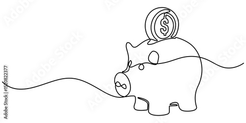 Continuous line piggy bank. piggy bank icon one line drawing. invitation let's save, one line art concept of business finance. financial investment. isolated white background. vector illustration.